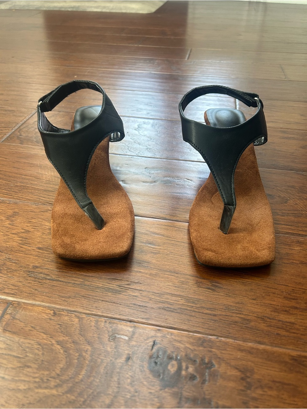 Women's Black and Brown Suede T-Strap Sandals